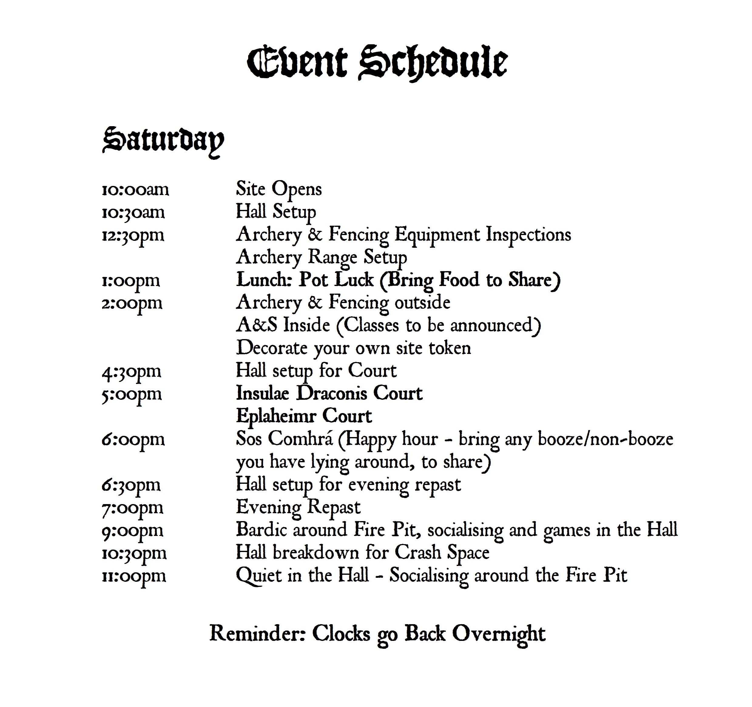 Schedule Saturday saturday schedule