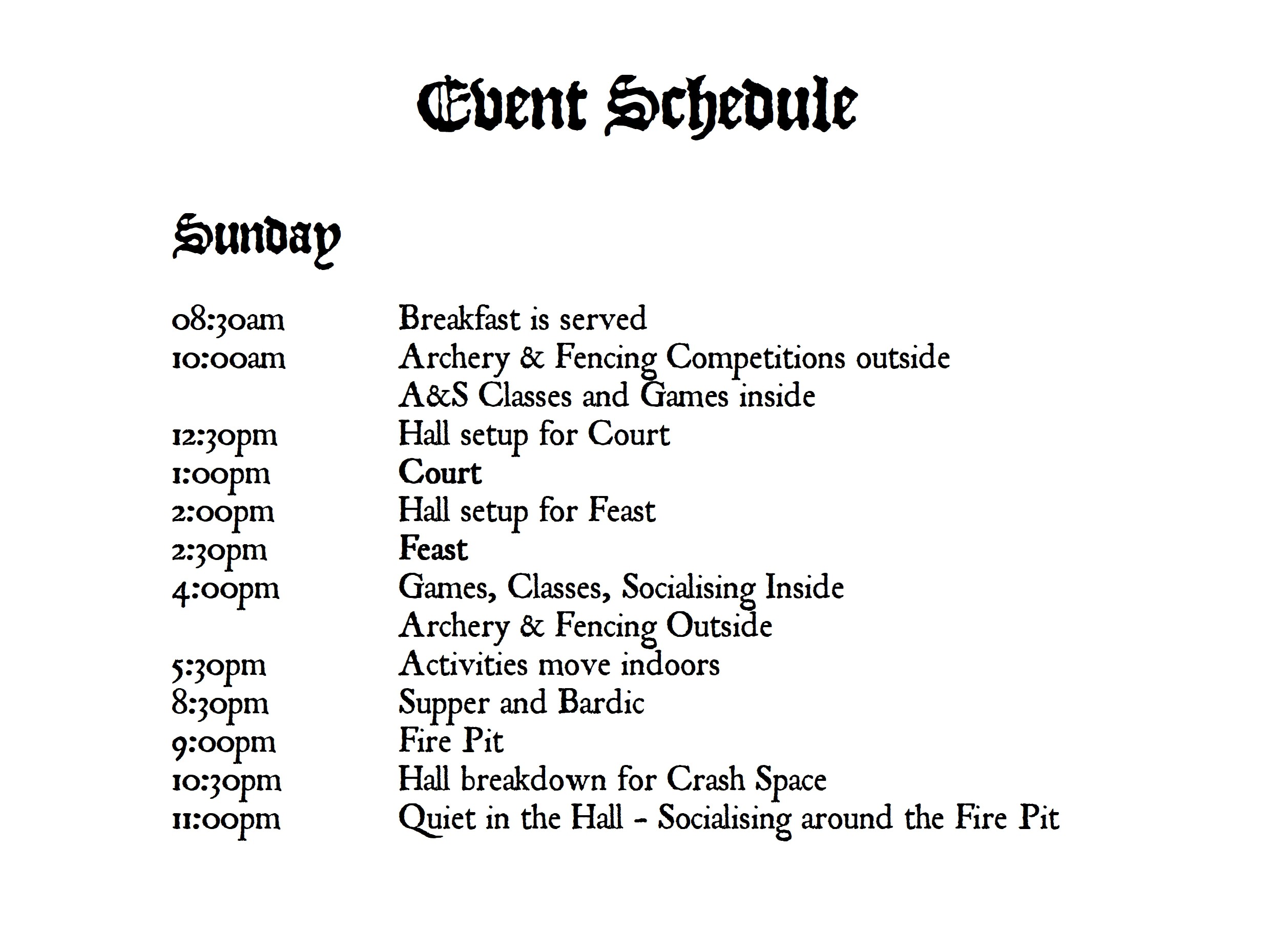 Schedule Sunday Sunday schedule